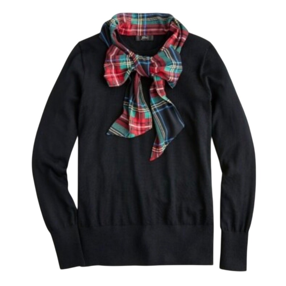 J.Crew Black Merino Wool Sweater w/Red Tartan Plaid Collar Scarf Bow Knit Top XL